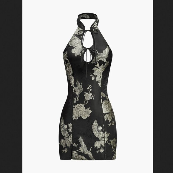 Commense Dresses & Skirts - Commense Large Black White Floral Print Keyhole Halter Neck Mini Dress N…